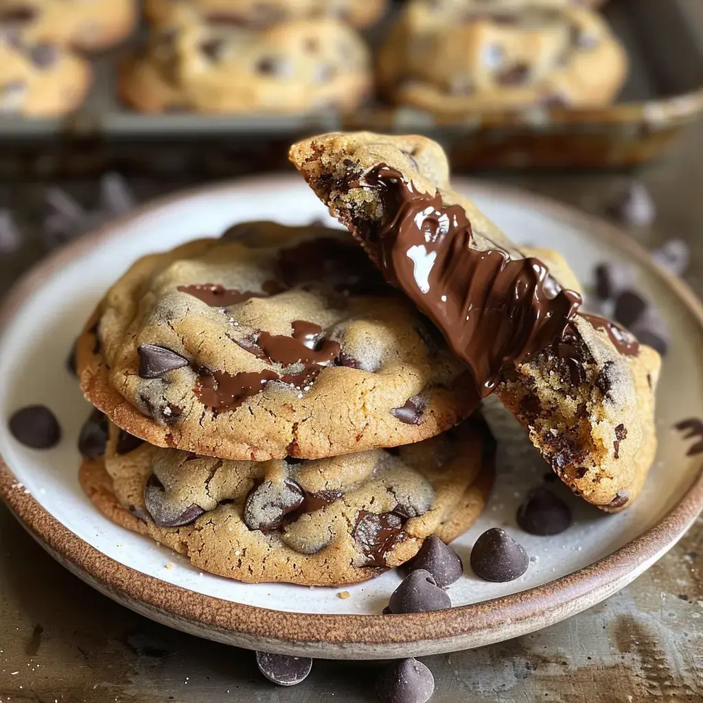 Des cookies aux pépites de chocolat, avec une moitié déchirée révélant un intérieur fondant de chocolat.