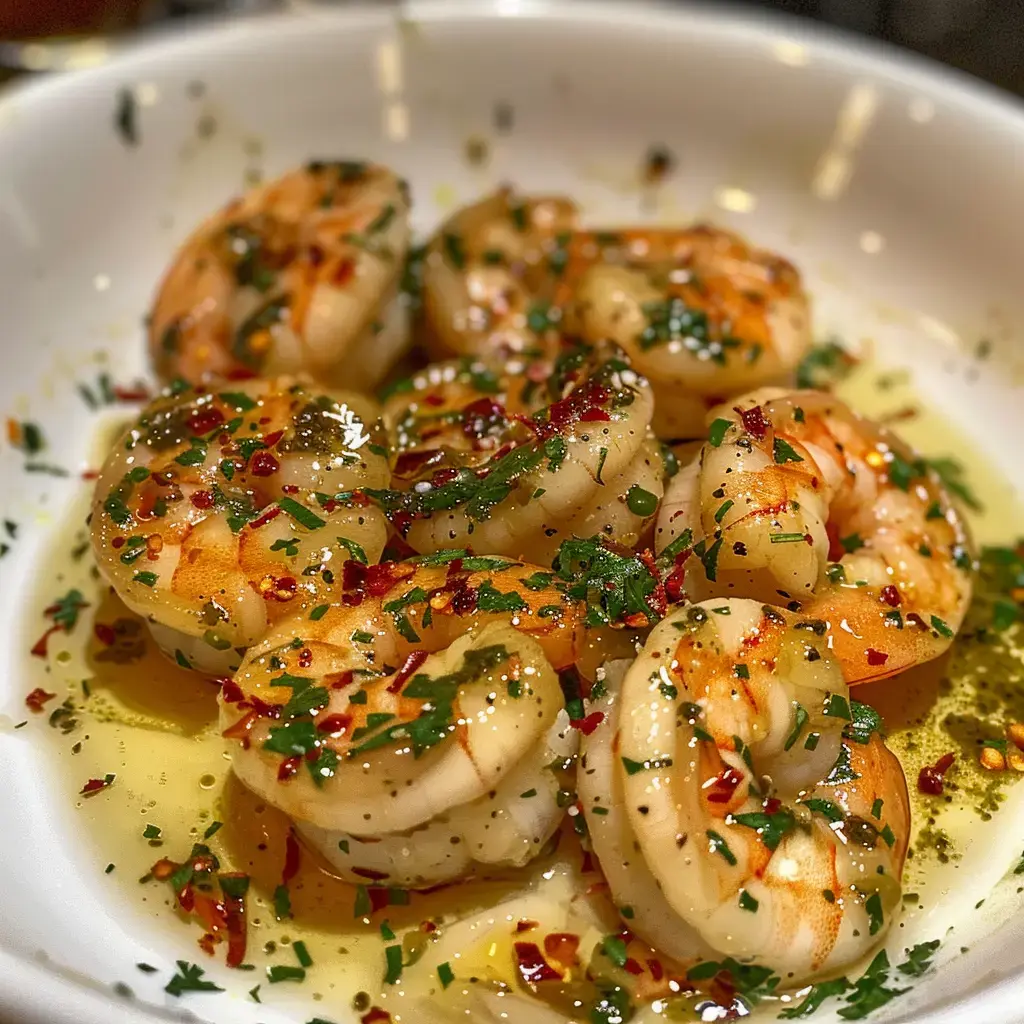 Crevettes marinées avec des herbes et des épices, servies dans une assiette.