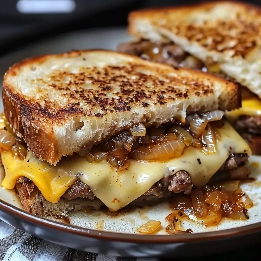 Un sandwich au pain grillé, garni de viande, de fromage fondu et d'oignons caramélisés, est présenté sur une assiette.