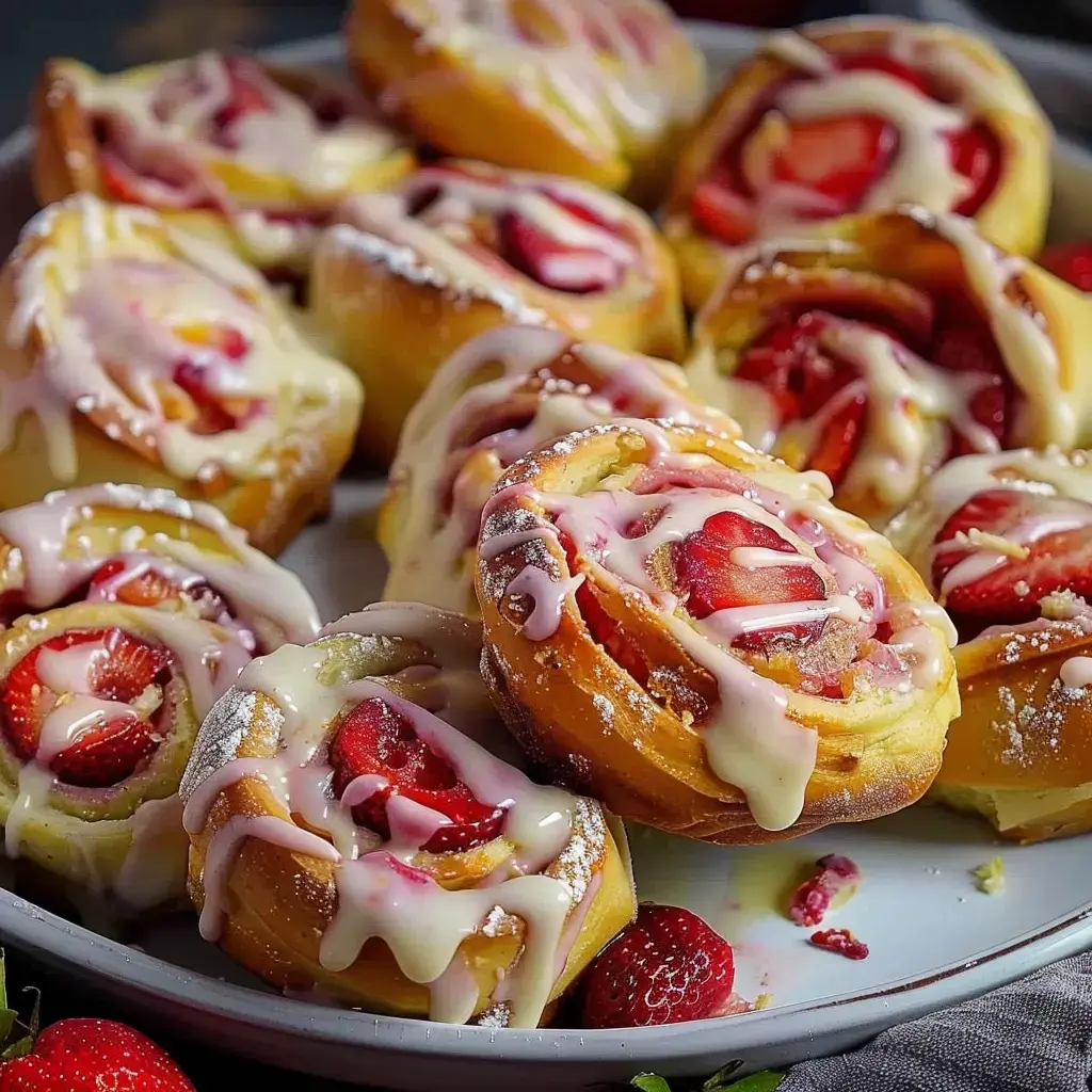 Des brioches garnies de fraises et nappées de glaçage, présentées sur un plat.