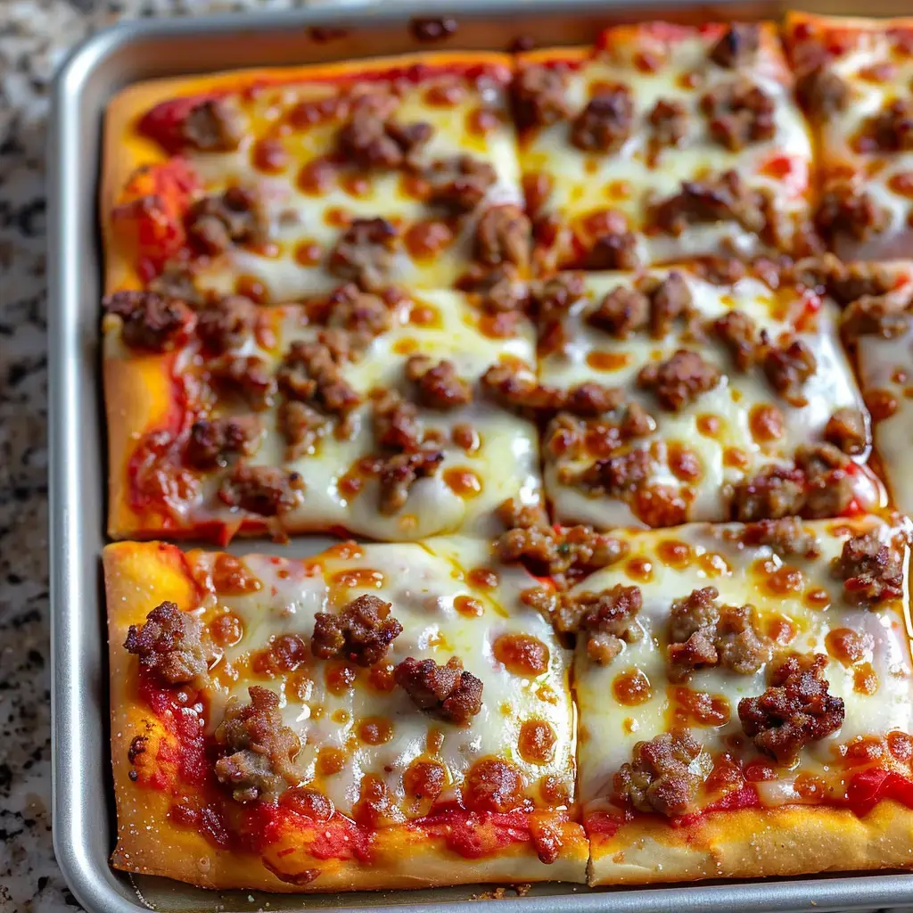 Une pizza carrée garnie de fromage fondant et de morceaux de viande hachée.