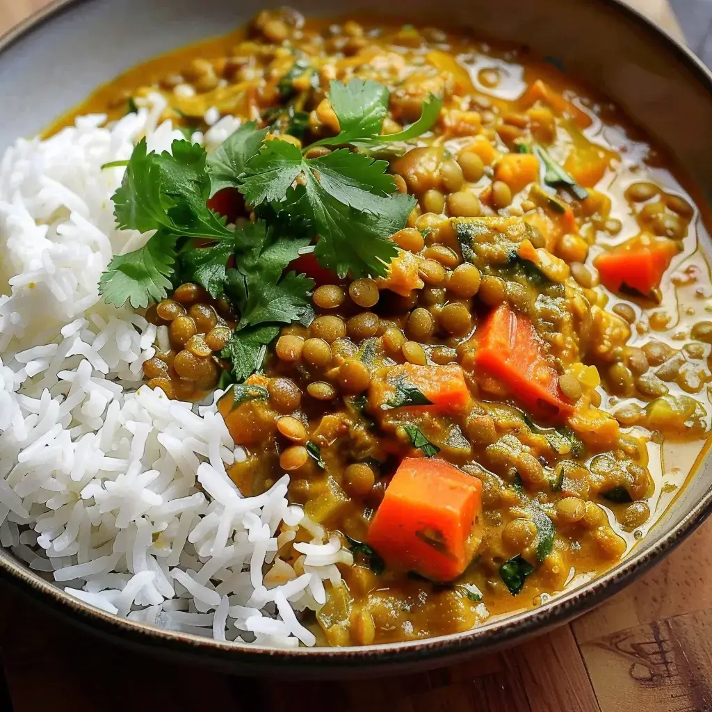 Un bol de riz blanc servi avec un curry de lentilles aux carottes et décoré de coriandre fraîche.