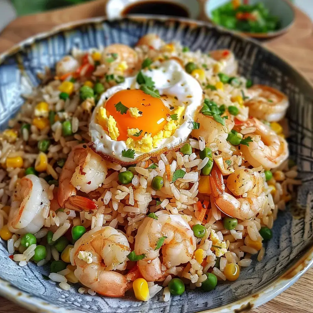 Un bol de riz sauté garni de crevettes, de petits pois, de maïs et d'un œuf au plat, avec de la coriandre fraîche.