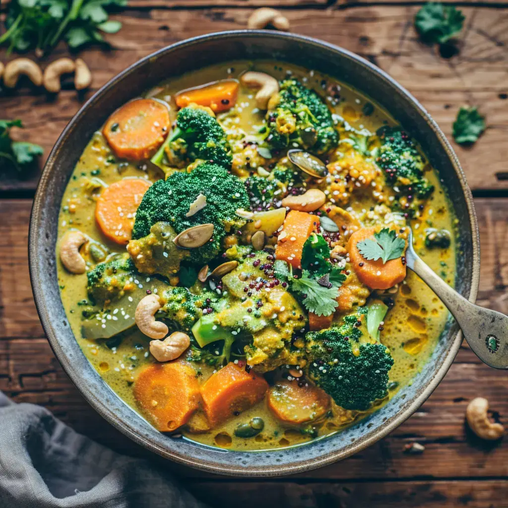 Un bol de soupe épaisse aux brocolis, carottes et noix, garni de graines et de coriandre.