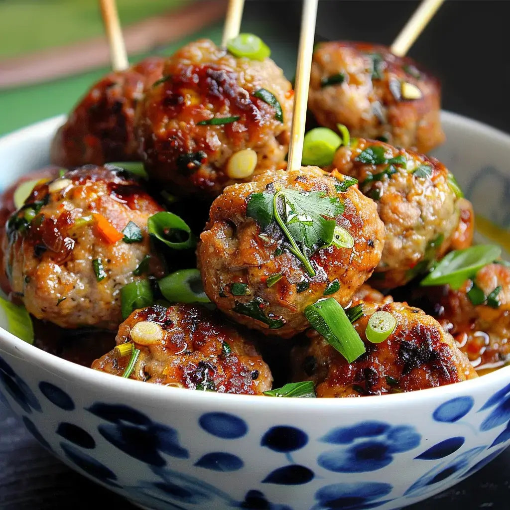 Des boulettes de viande dorées, garnies d'oignons verts et de coriandre, sont disposées dans un bol décoré.