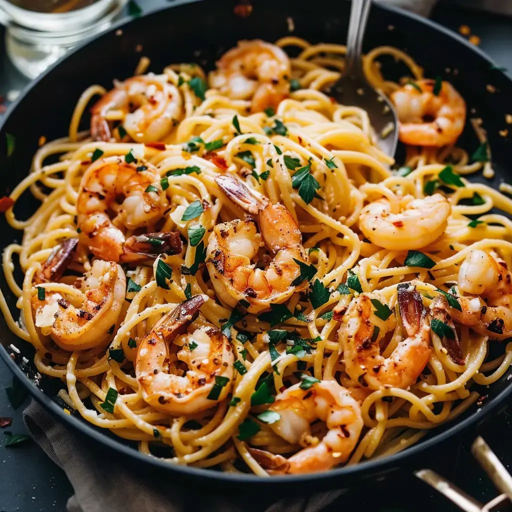 Des pâtes aux crevettes garnies de persil dans un plat noir.