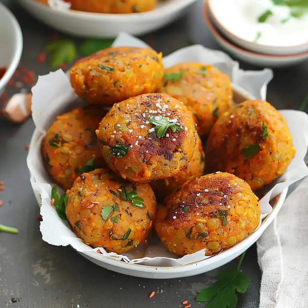 Des boulettes de lentilles dorées garnies de persil, servies dans un bol avec du papier blanc.