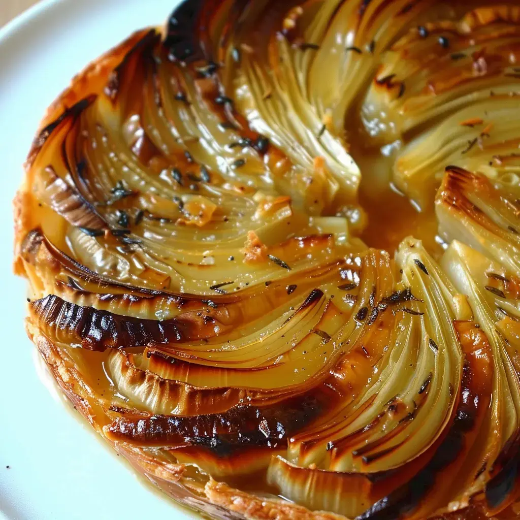 Tarte aux oignons caramélisés présentée en spirale sur une assiette.