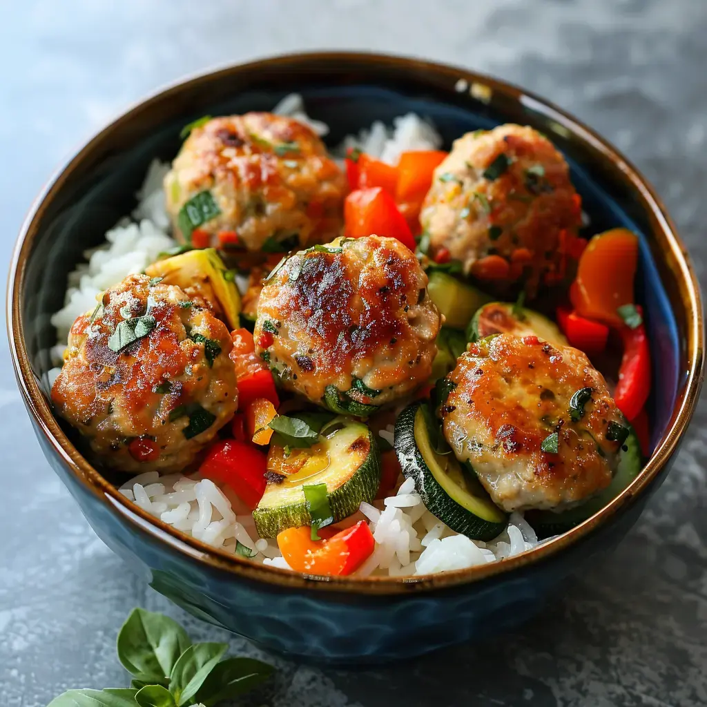 Un bol de riz garni de boulettes de viande et de légumes variés, notamment des courgettes et des poivrons.