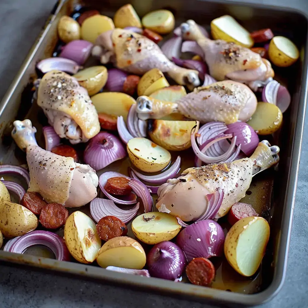 Des cuisses de poulet rôties avec des pommes de terre et des oignons rouges dans un plat de cuisson.