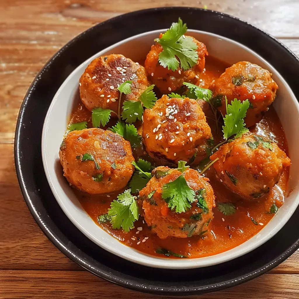 Un plat de boulettes de légumes savoureuses dans une sauce rouge, garnies de coriandre fraîche et de graines de sésame.