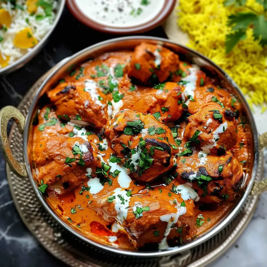 Un plat de poulet curry crémeux garni de coriandre et servi avec du riz jaune.