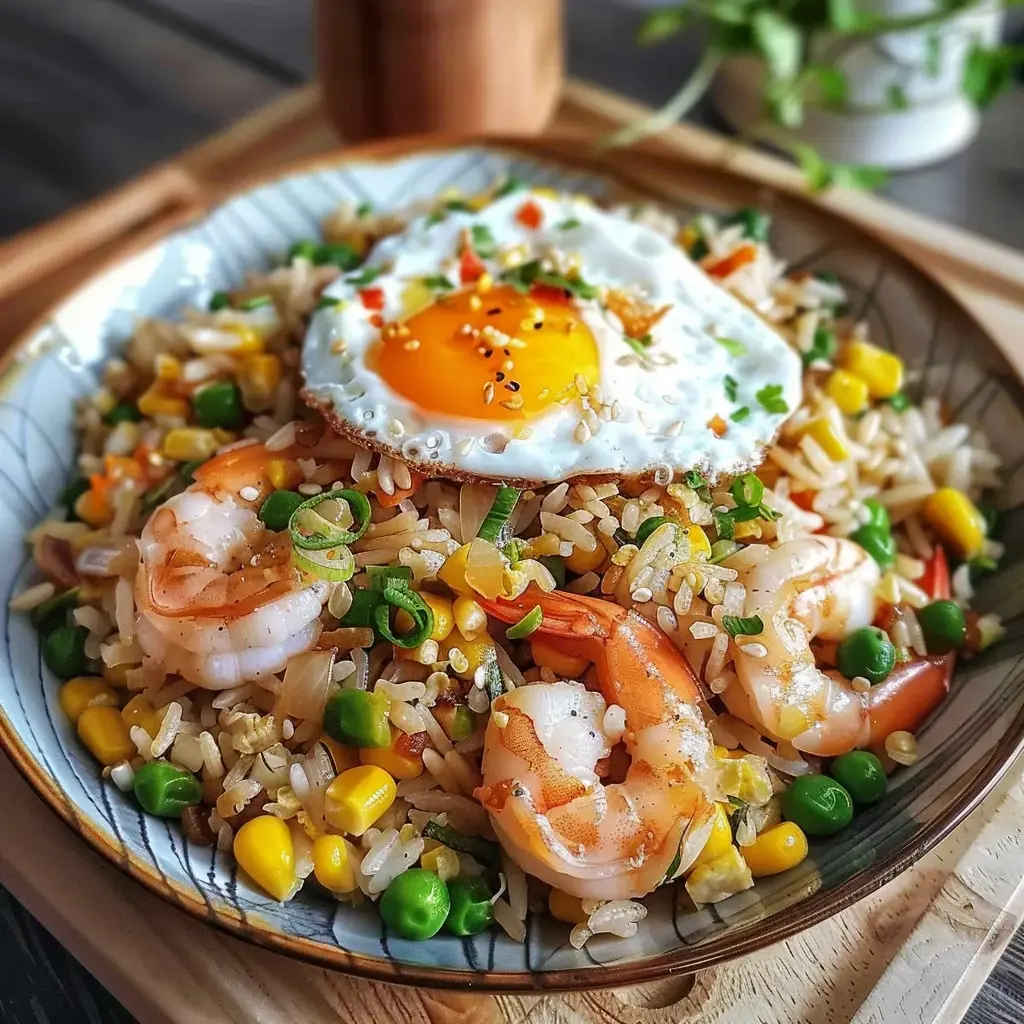 Un bol de riz sauté garni de crevettes, de légumes colorés et d'un œuf au plat.