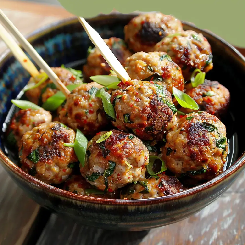 Un bol de boulettes de viande garnies d'oignons verts, servies avec des piques en bois.