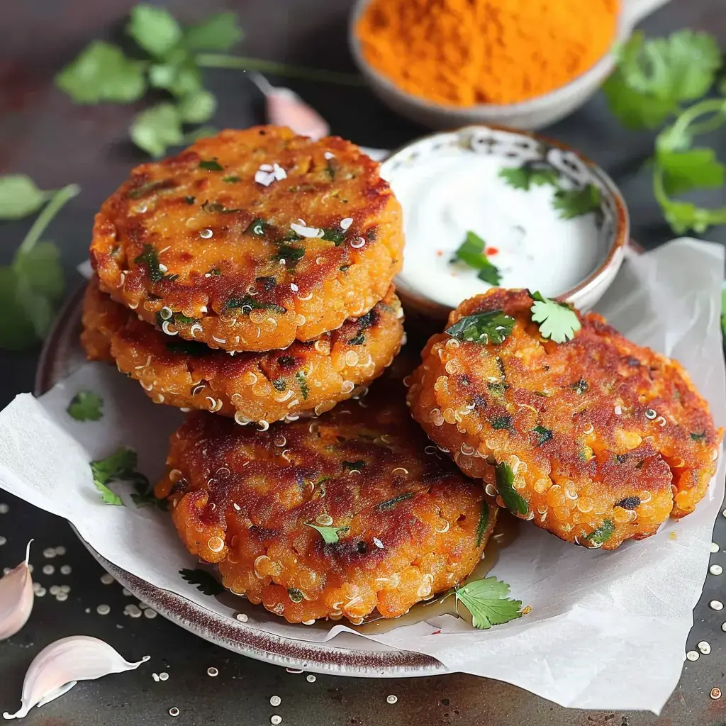 Des galettes dorées à base de quinoa, servies avec un bol de yaourt et de la poudre d'épices en arrière-plan.