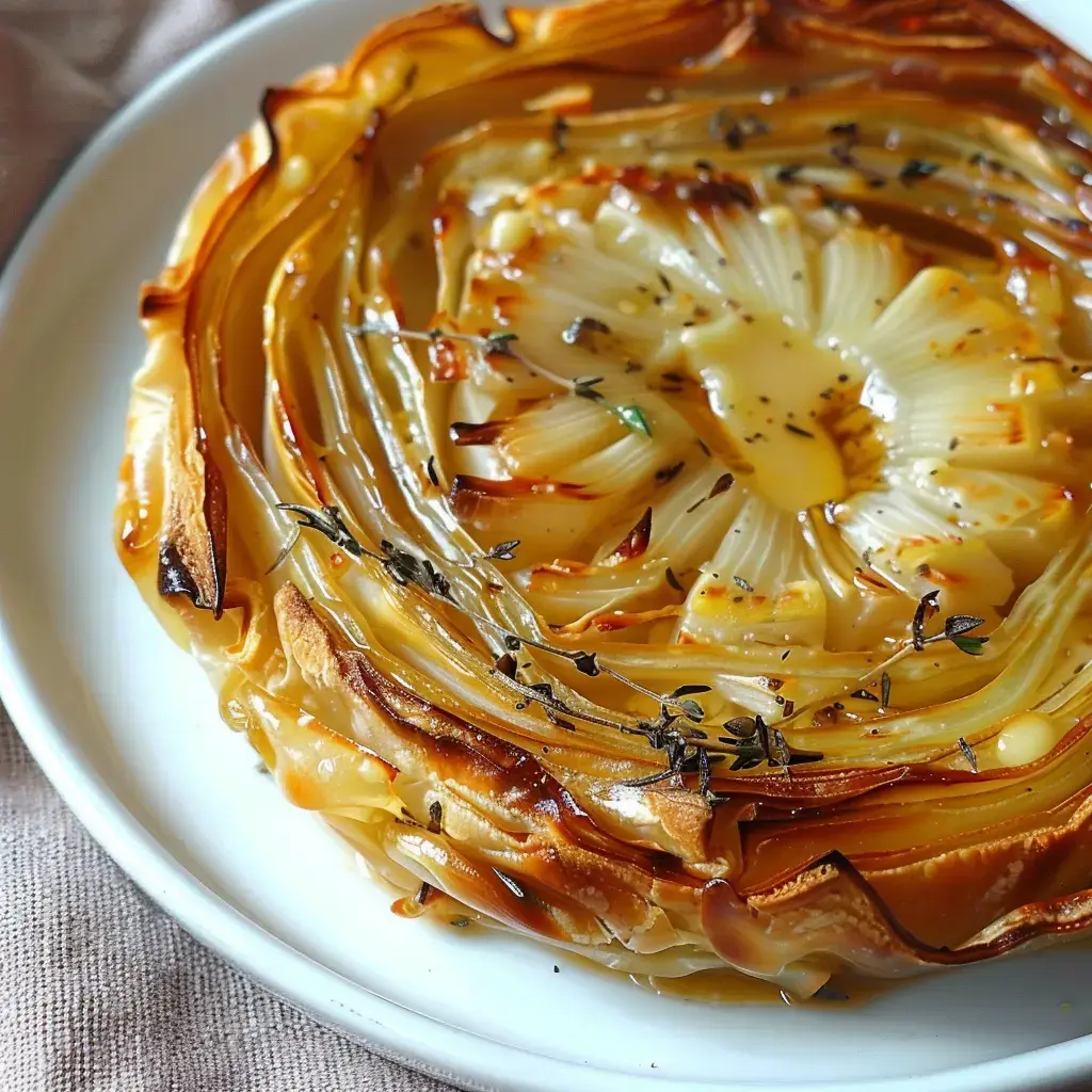 Une tarte aux oignons caramélisés, joliment présentée en couches ondulées, garnie de thym sur une assiette blanche.