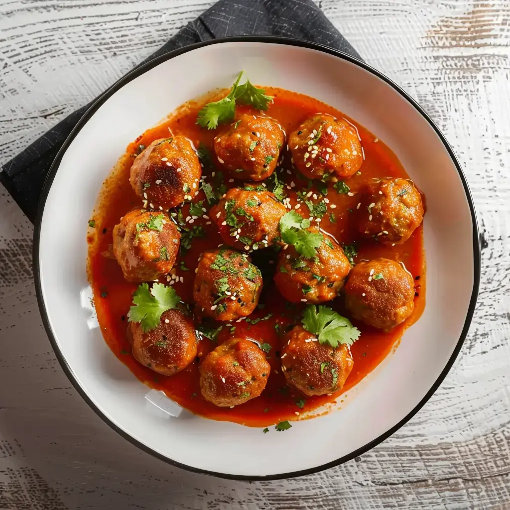 Boules de viande en sauce tomate, garnies de coriandre et de graines de sésame, présentées dans une assiette blanche.