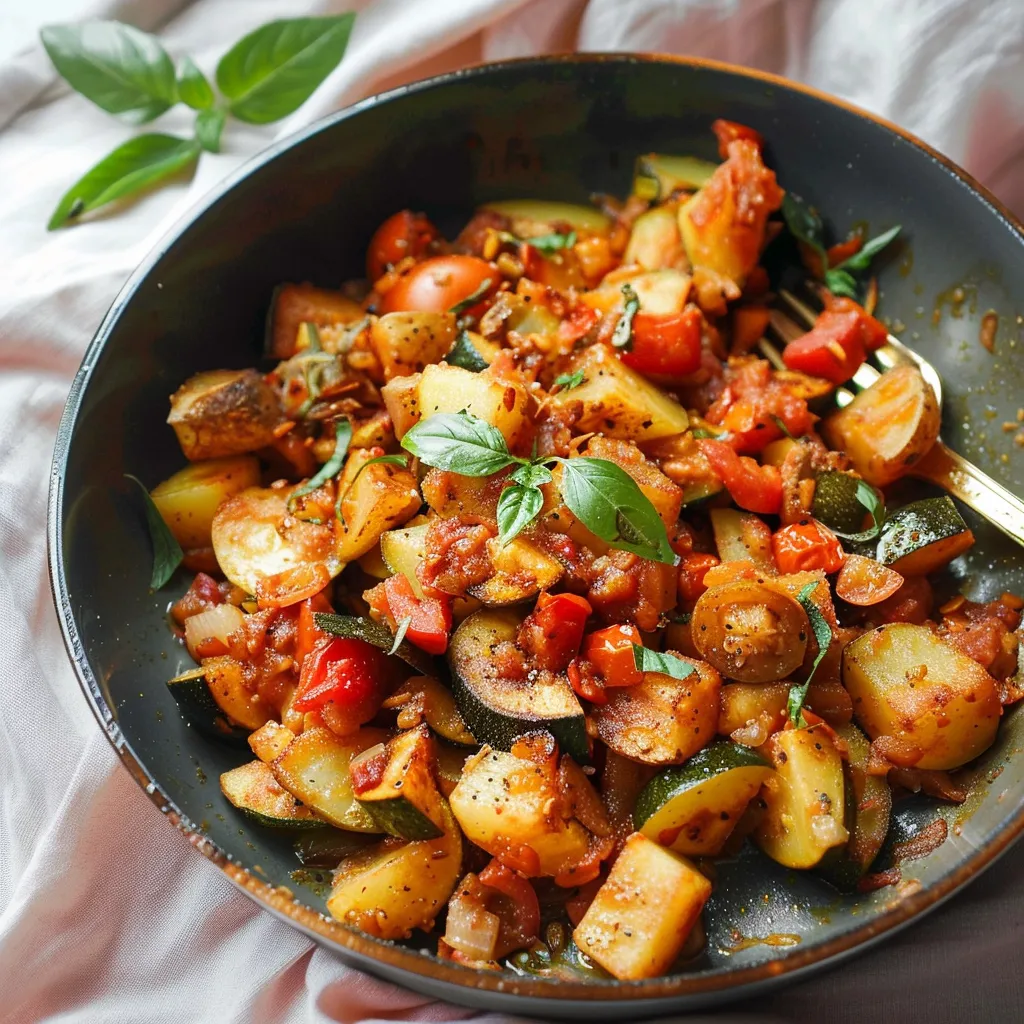 Poêlée pommes de terre, courgettes & tomates