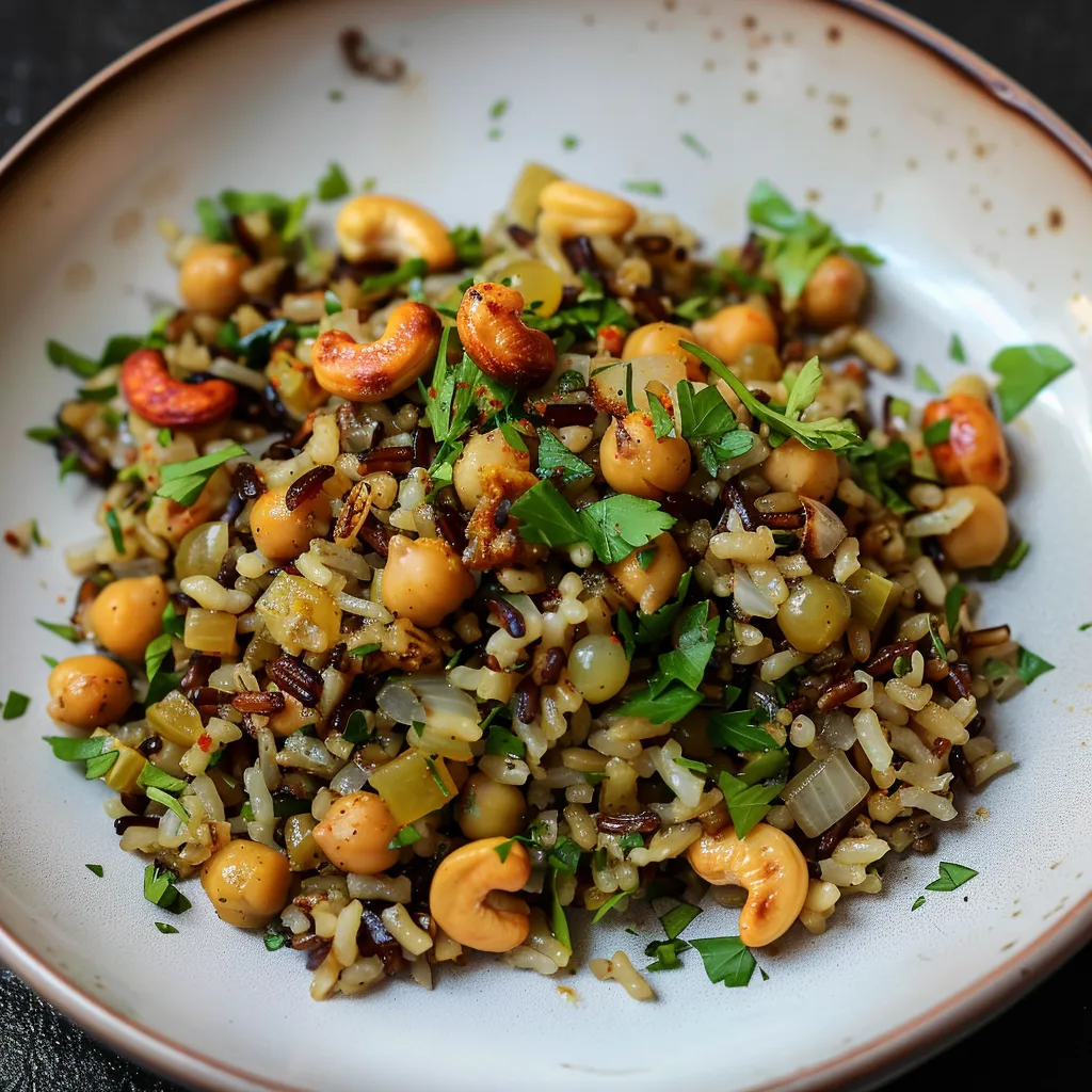 Riz Sauvage aux Épices, Pois Chiches, Noix de Cajou et Oignons Grillés