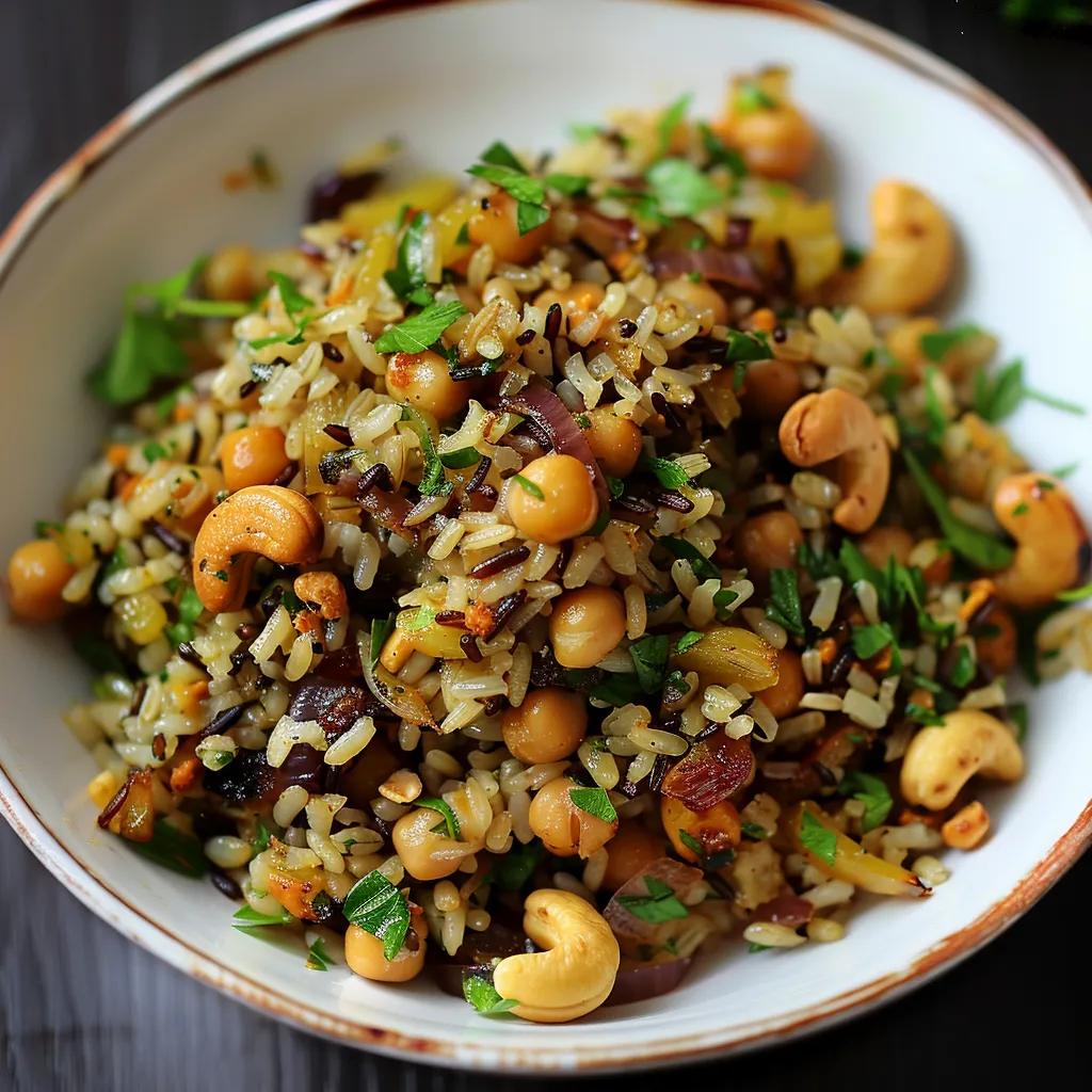 Gourmand Riz Sauvage aux Épices, Pois Chiches, Noix de Cajou et Oignons Grillés