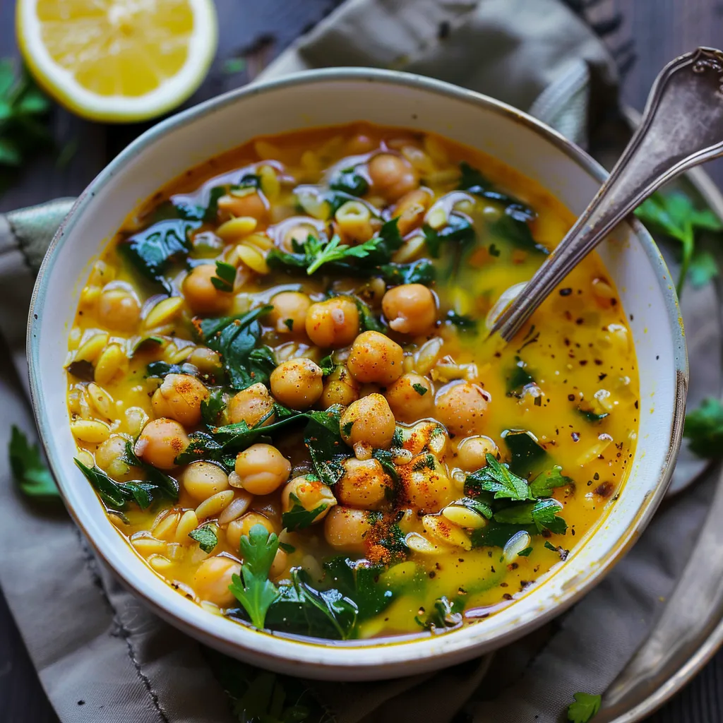 Soupe au Curcuma avec Pois Chiche, Orzo et Épinards