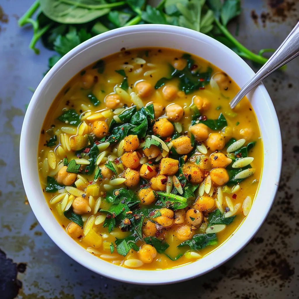 Recette de Soupe au Curcuma avec Pois Chiche, Orzo et Épinards