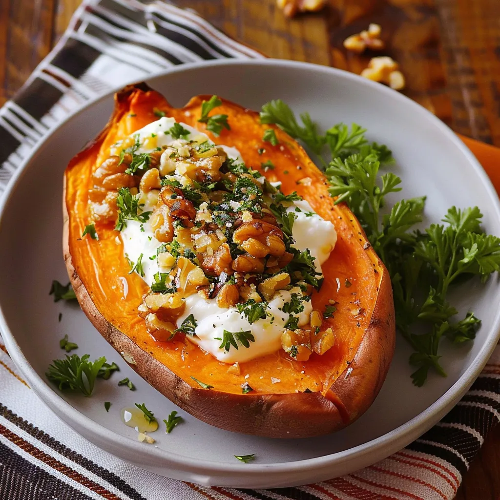 Patate douce rôtie au yaourt, noix et miel