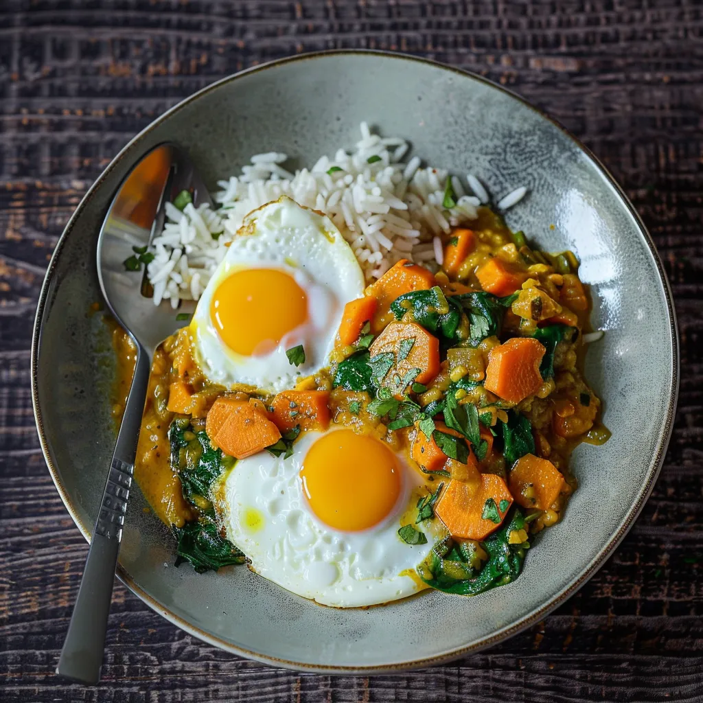 Riz au curry de patate douce, carotte et épinards