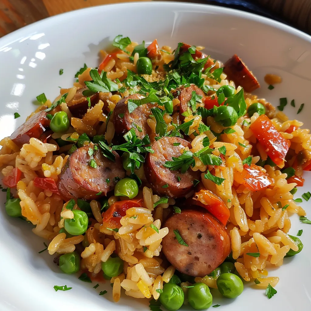 Riz à la saucisse et aux petits pois