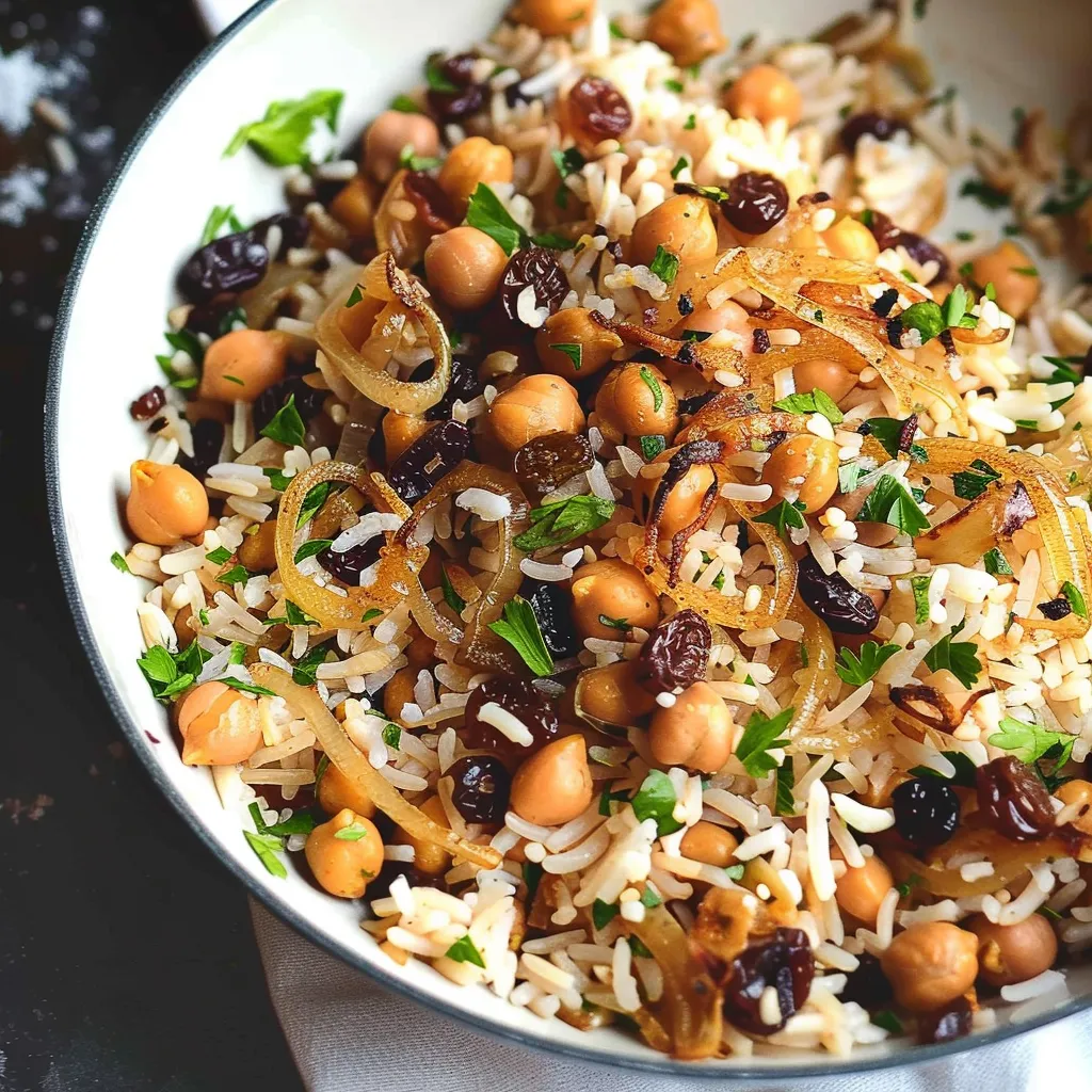 Riz aux pois chiches, épices et raisins secs