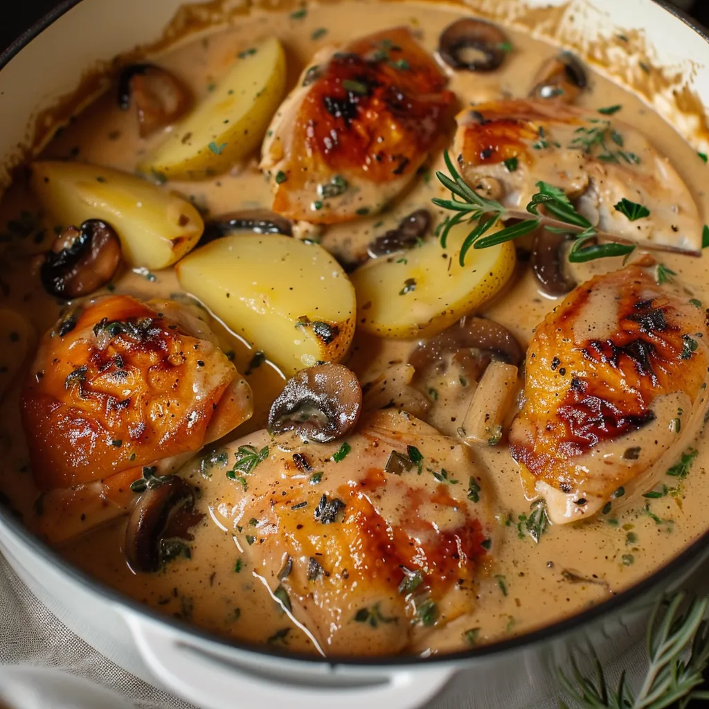 Poulet Rôti aux Herbes dans une Sauce Crémeuse au Vin Blanc