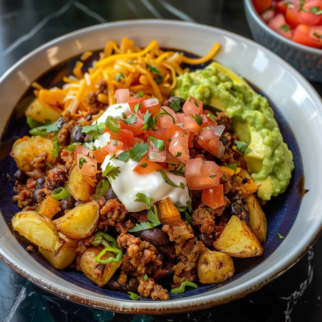 Bol de tacos mexicain : bœuf, pommes de terre et accompagnements