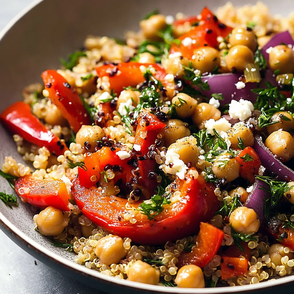Une salade savoureuse à base de poivrons rouges rôtis, quinoa, pois chiches