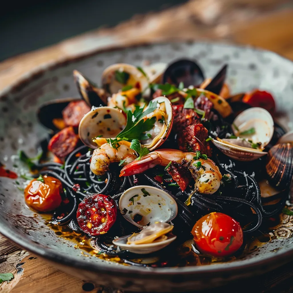 Préparez des spaghettis noirs aux saveurs de la mer et du chorizo