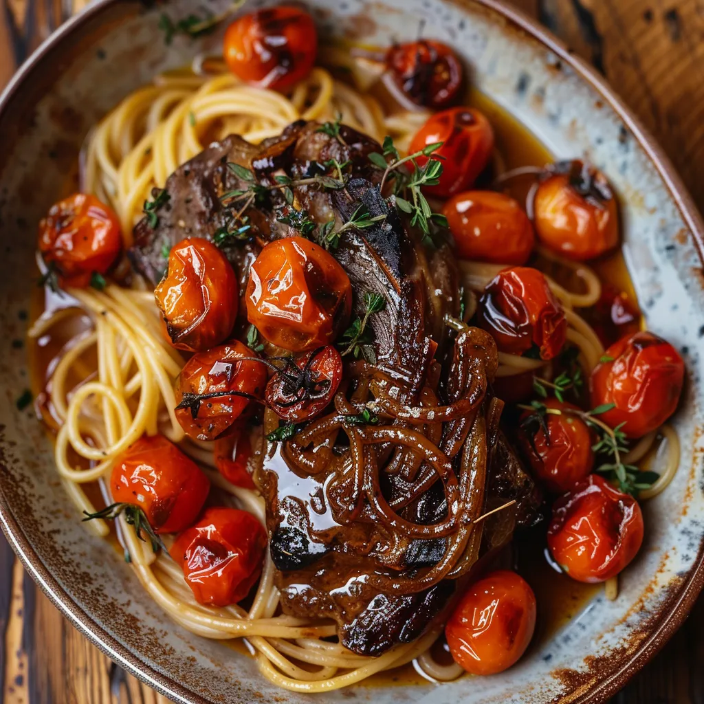 Spaghettis et agneau caramélisés