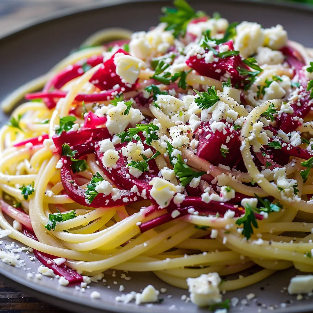Spaghettis feta et betterave
