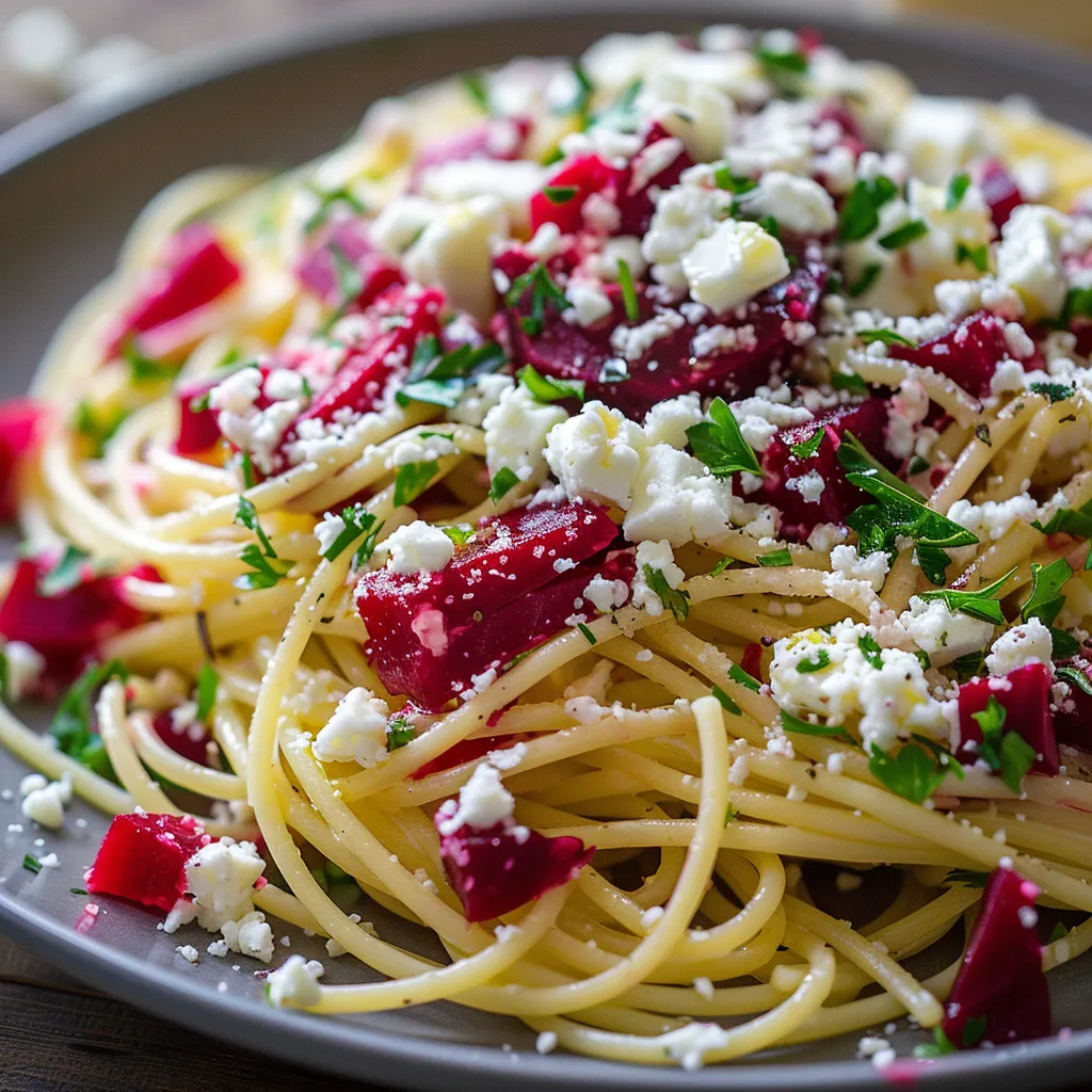 Délicieux spaghettis à la féta et betterave