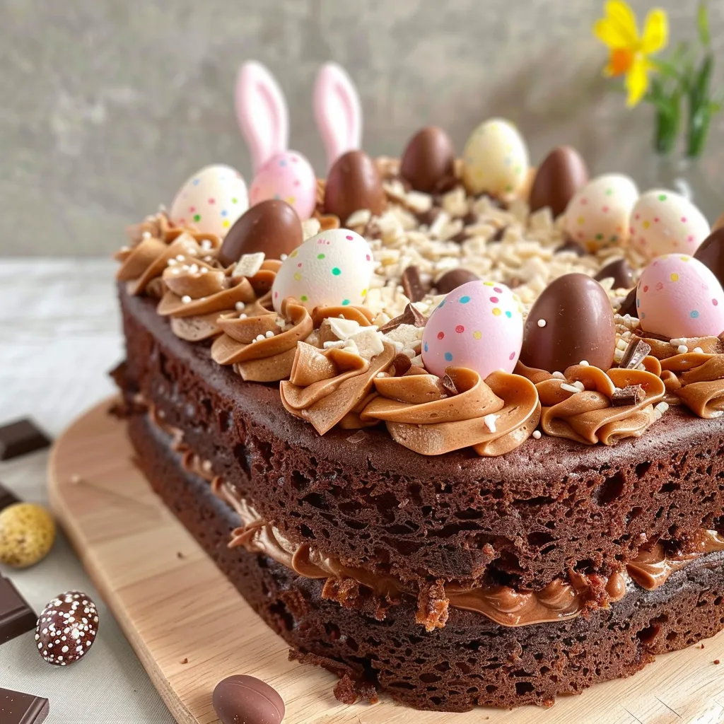 Gâteau gourmand au chocolat et décorations de Pâques