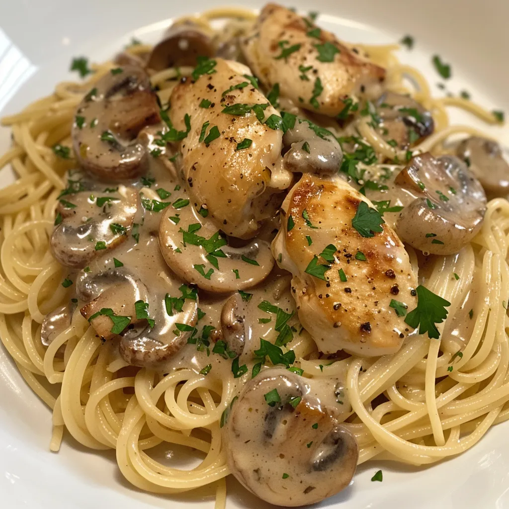 Pâtes sauce champignons poulet