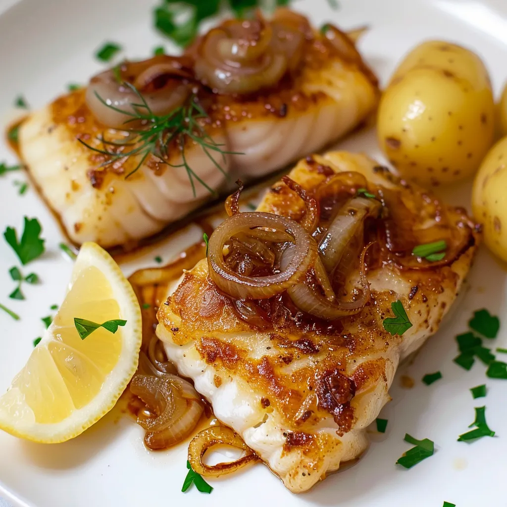 Morue poêlée à la gaspésienne avec oignons fondants