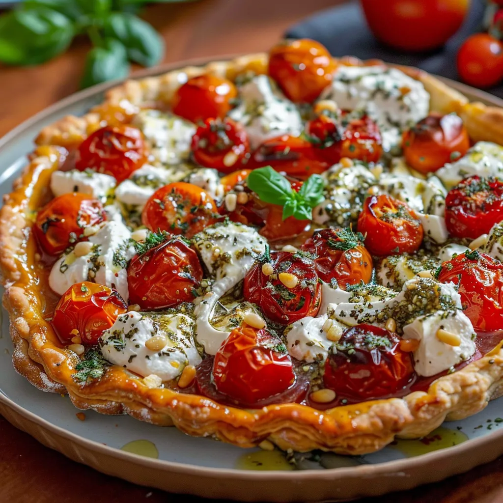Tarte inversée aux tomates confites et burrata