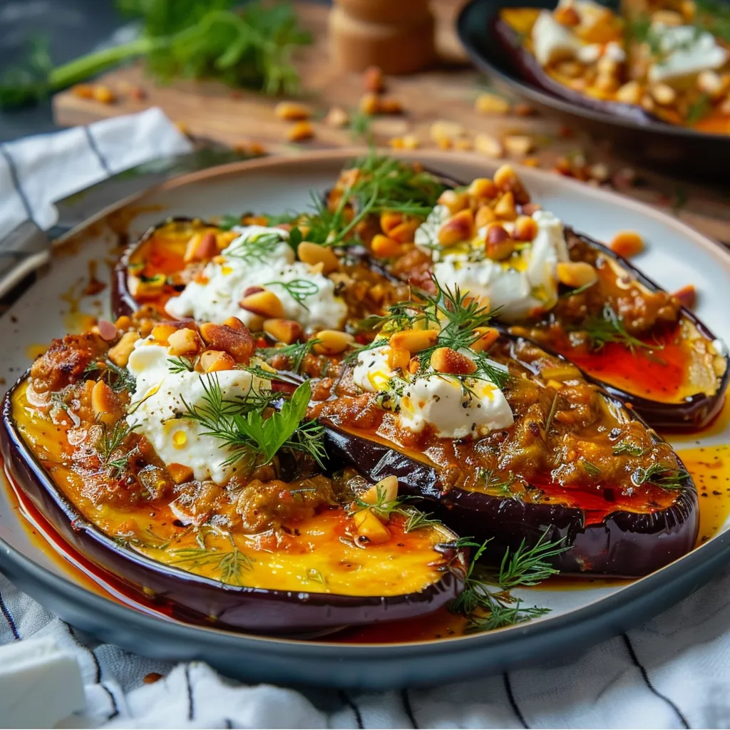 Aubergines tendres marinées à la harissa et sirop d'érable