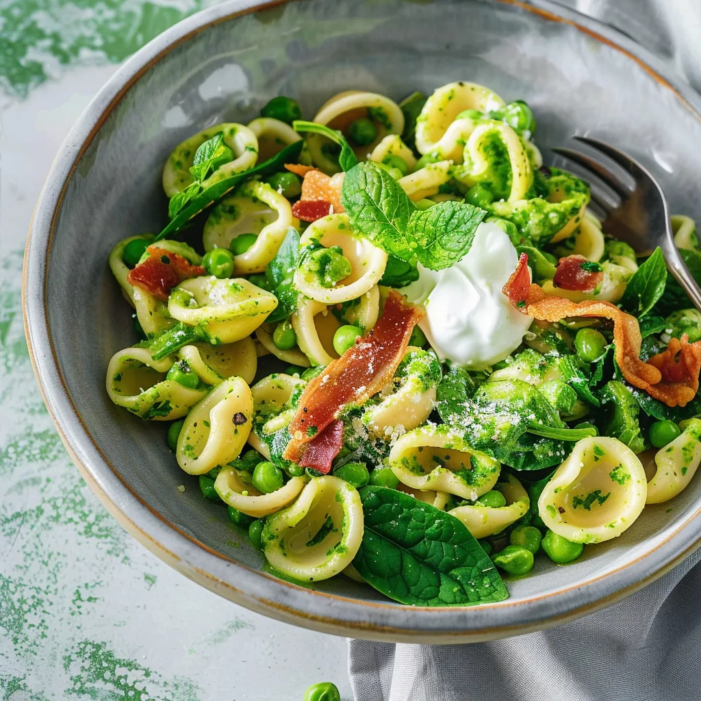 Orecchiettes aux petits pois et pancetta croustillante