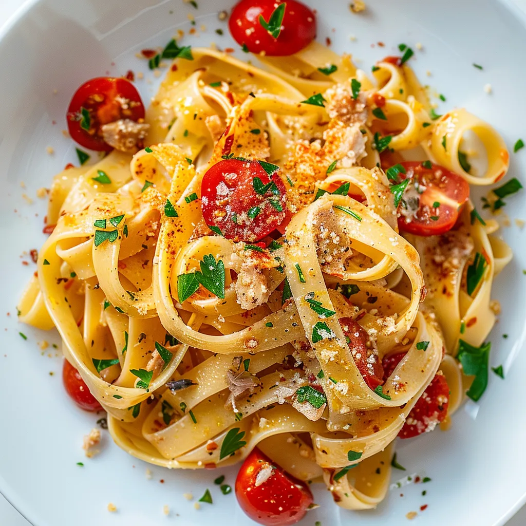 Fettuccines anchois, thon, tomates