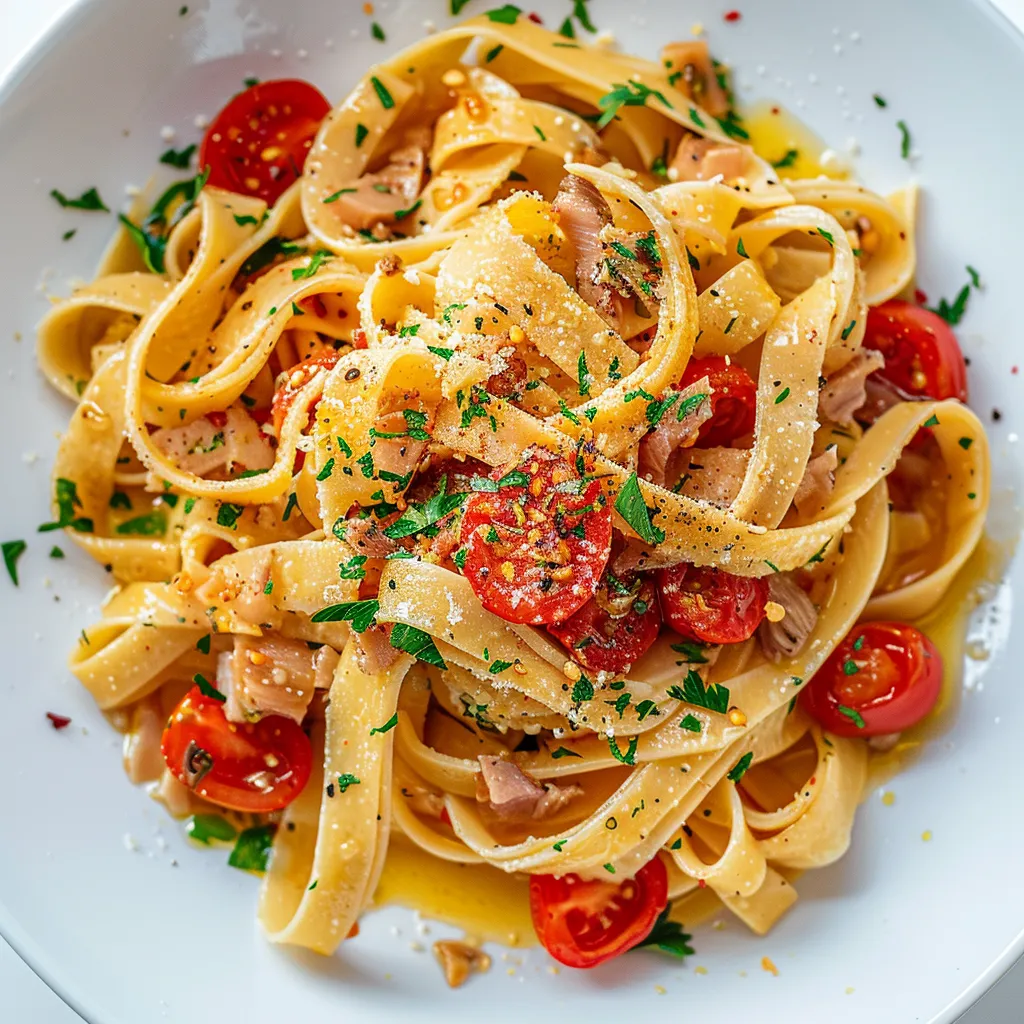 Savoureuses fettuccines aux anchois, thon et tomates cerises
