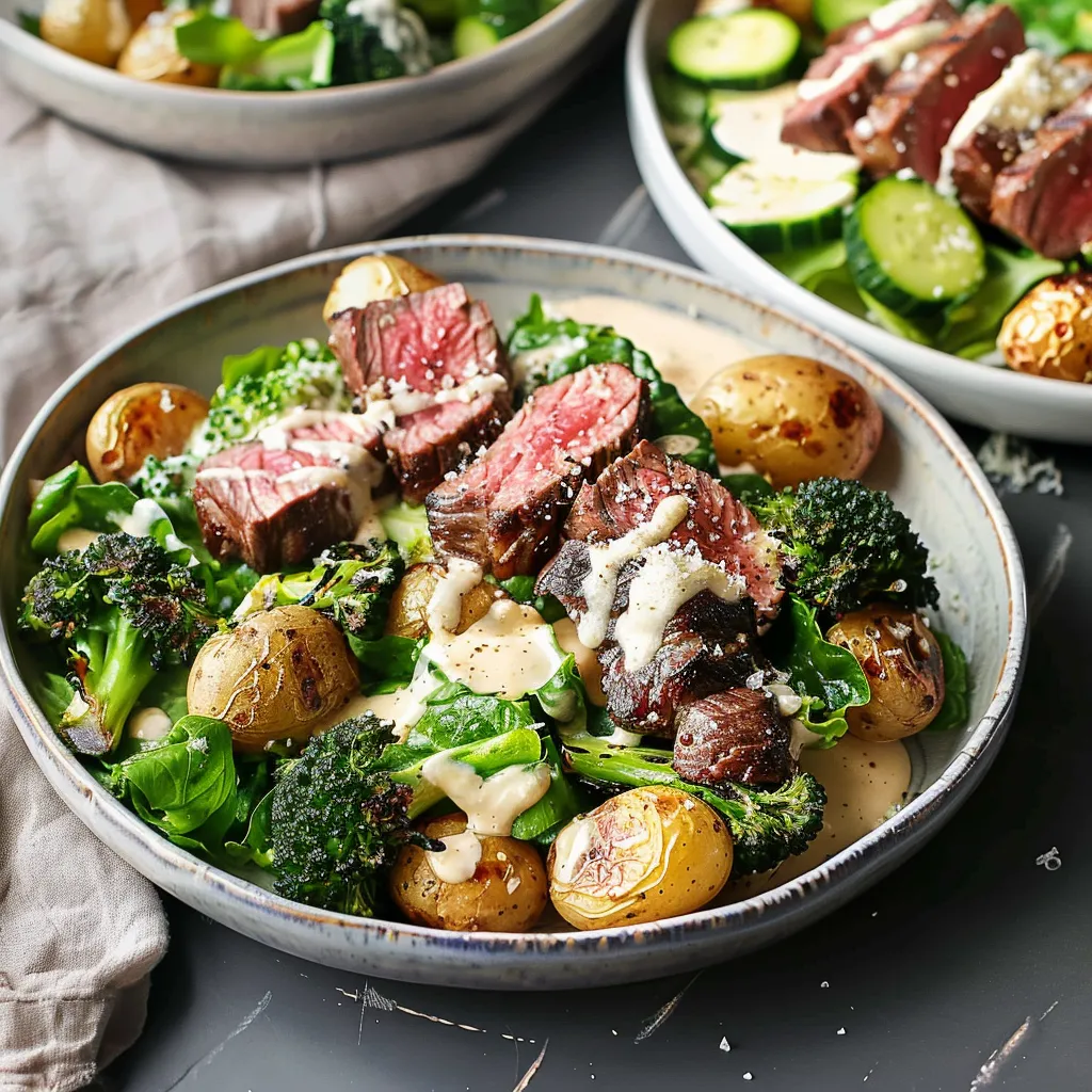 Savoureuse salade de brocoli et boeuf grillé à la vinaigrette crémeuse au parmesan