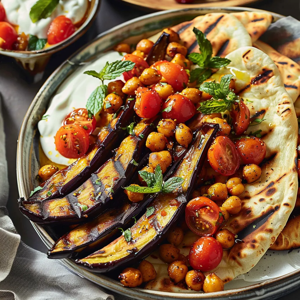Aubergines grillées avec pois chiches au cari