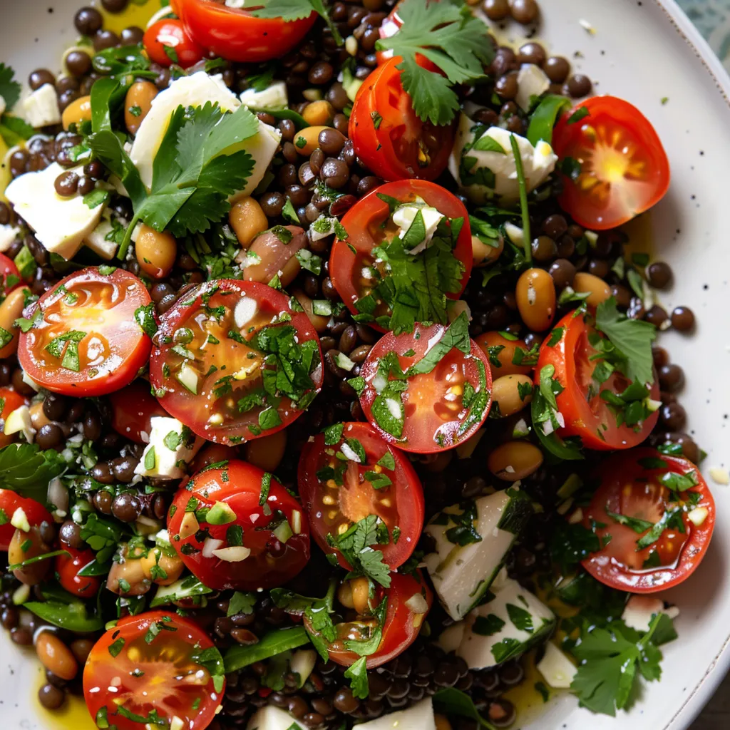Salade de lentilles noires aux tomates cerises et coriandre