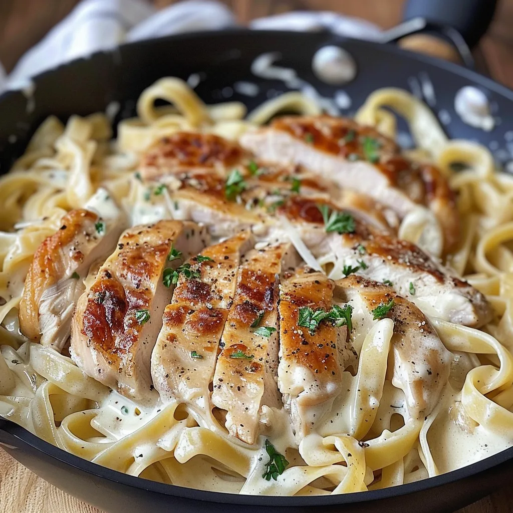 Pâtes au poulet en sauce crémeuse, garnies de persil frais.