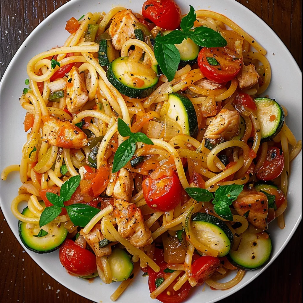 Délicieuses pâtes au poulet et courgettes